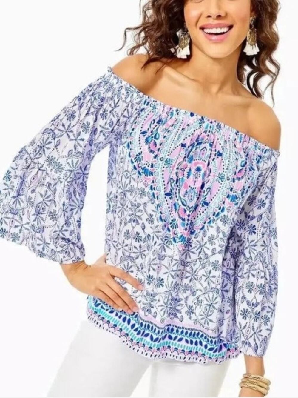 NWT Lilly Pulitzer Nevie Top Time to Shine Resort White Off The Shoulder Small
